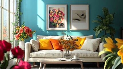 Bright and airy living room with a teal wall, off-white couch, and colorful floral arrangements. Sunlight streams in through a large window.