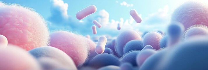 Naklejka premium Soft Pink, Blue And White Fluffy Spheres Of Various Sizes Floating In The Air On Sky Background