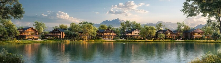 Fototapeta premium A serene lakeside view showcasing tranquil homes surrounded by lush greenery and majestic mountains under a clear blue sky.