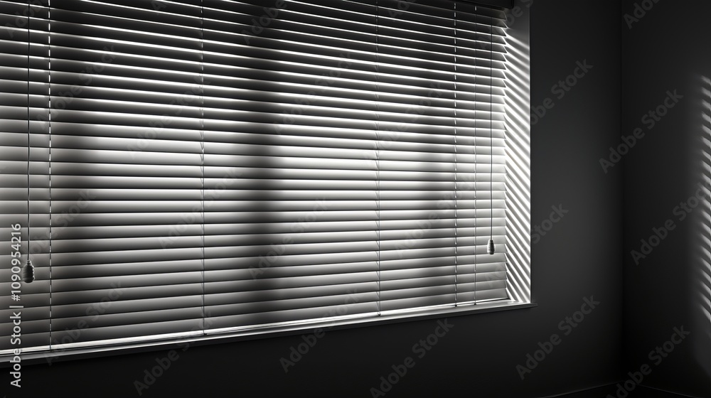 Poster light and shadow interplay through slatted window blinds in a quiet room. generative ai