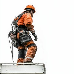 Worker, high-rise, safety gear, orange suit, working.