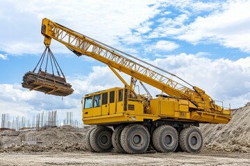 Obraz premium Yellow crane lifting lumber at construction site.