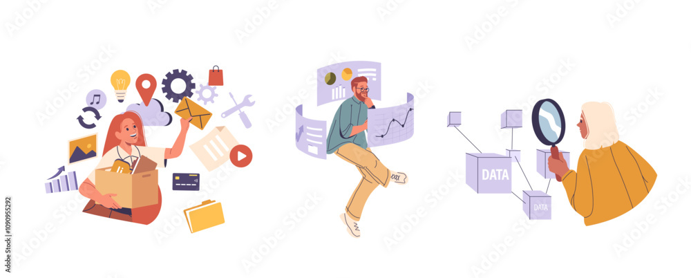 Poster man and woman cartoon characters working with virtual data in cloud storage and network isolated set