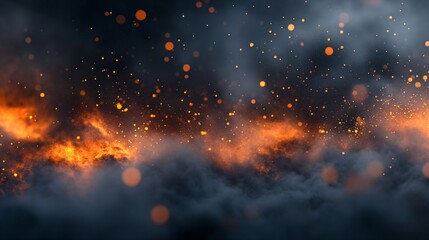 Abstract background with fire particles and sparks, smoke, debris and noise after natural disaster, catastrophe or bomb explosion. War, military operation concept. Backdrop for design war game