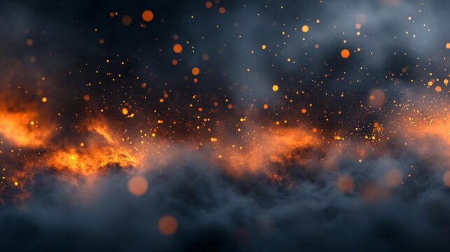 Abstract background with fire particles and sparks, smoke, debris and noise after natural disaster, catastrophe or bomb explosion. War, military operation concept. Backdrop for design war game
