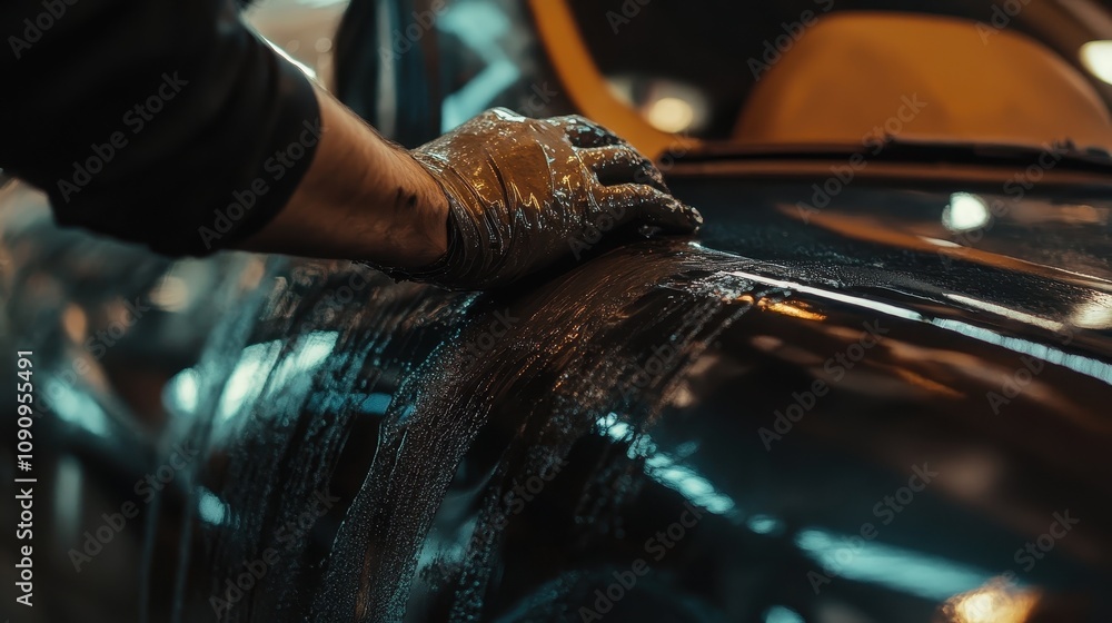 Poster a hand applying a cleaning solution to a car's surface in a workshop.