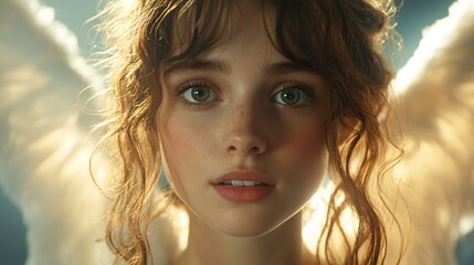 Young woman with angelic wings gazes thoughtfully at the viewer in a soft-lit, ethereal setting evoking a sense of serenity and wonder. Generative AI