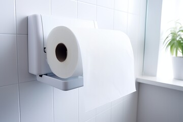 Fototapeta premium Modern bathroom design showcases elegant simplicity with paper towel dispenser. Generative AI
