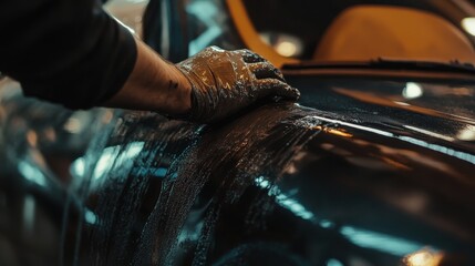 A hand applying a cleaning solution to a car's surface in a workshop.