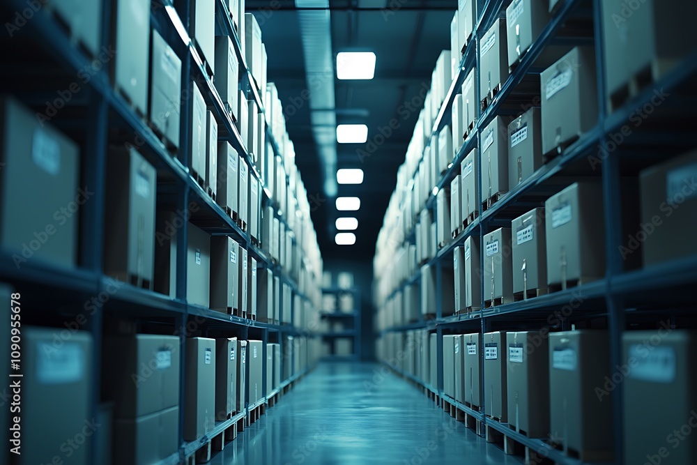 Poster a wide aisle between rows of shelves filled with stacked cardboard boxes in a storage facility, illu