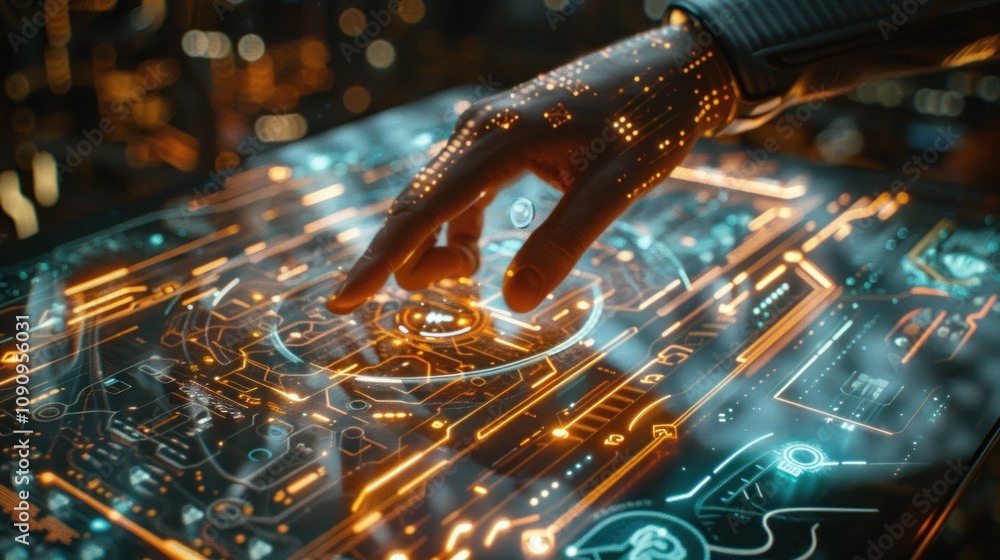 Aufkleber a futuristic hand with glowing circuits interacts with a glowing digital interface.