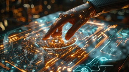 A futuristic hand with glowing circuits interacts with a glowing digital interface.