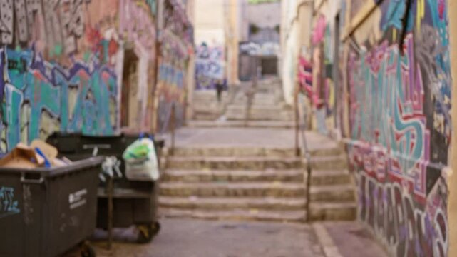 Defocused urban street with colorful graffiti on walls, featuring blurred garbage bins and stairs in a gritty outdoor setting, embodying the vibrant essence of the ghetto.