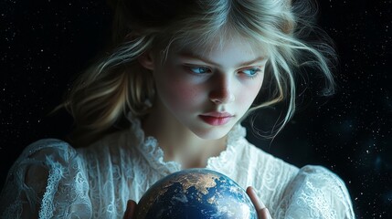 Naklejka premium A magical image depicting a girl gently cradling the globe, her contemplative expression drawing attention to the beauty and fragility of our planet and the emotions intertwined with it.