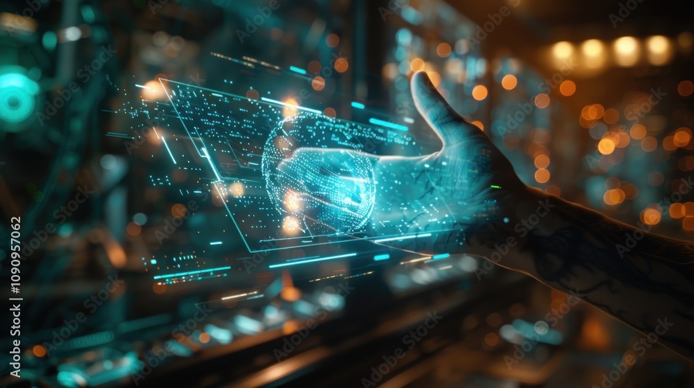 Aufkleber a hand reaches out to touch a futuristic holographic display with glowing blue data and code.
