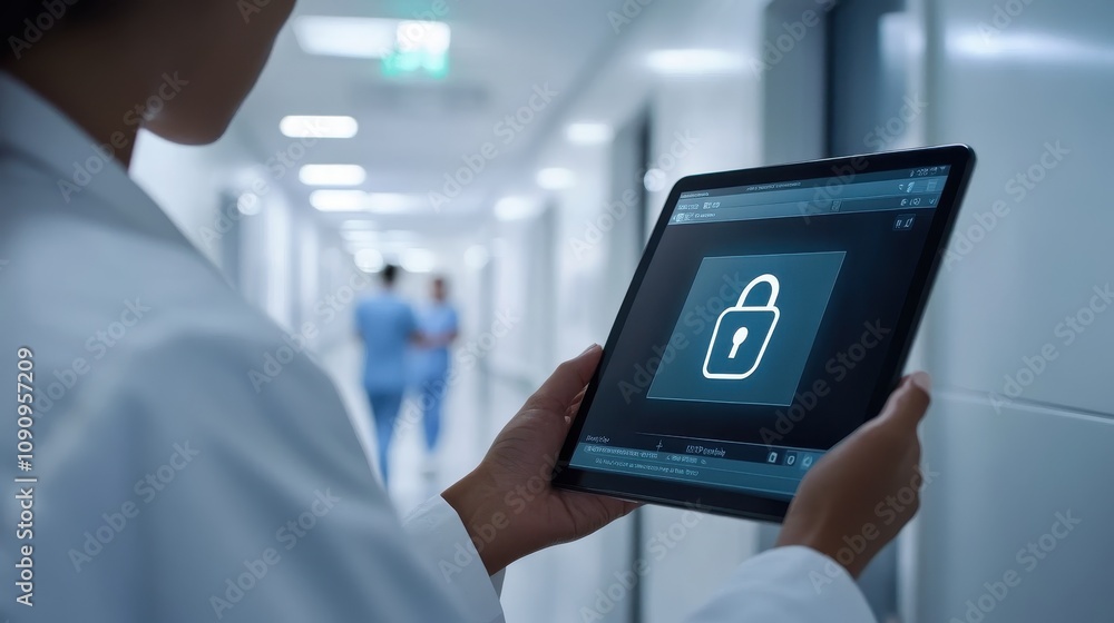 Poster a person in a lab coat holds a tablet displaying a locked padlock icon in a hallway.