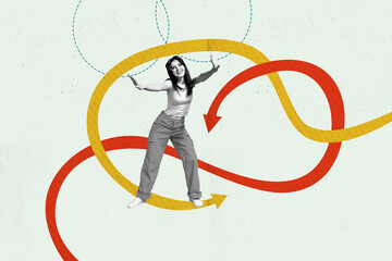 Trend artwork sketch design montage 3D collage of copyspace young lady stand huge arrow show...