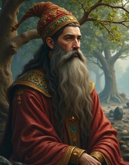 Fototapeta premium a mystic Sufi with very curvaceous body with smooth hands and fingers, a plane tree and a few agate stones in the background, realistic, detailed