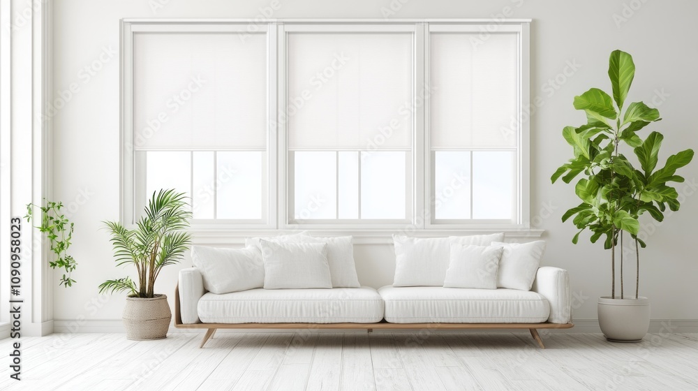 Poster a white couch sits in front of a window with three white blinds