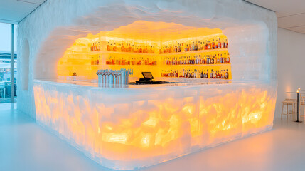 Stunning ice bar counter glowing from inside, futuristic interior