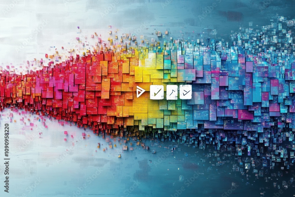 Aufkleber Vibrant digital artwork displaying a colorful wave of pixelated squares in dynamic arrangement
