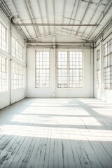 Obraz premium Sunlit white room, wooden floor, large windows.