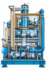 Complex industrial machinery; intricate piping, gauges.