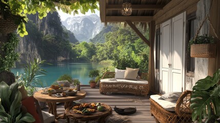 Fototapeta premium A white wooden house on an emerald green lake 2