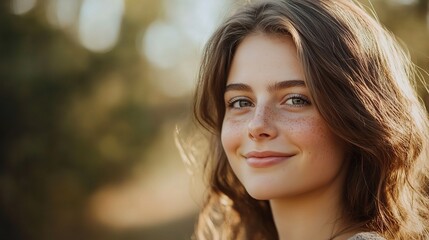 Obraz premium Radiant and Glowing Young Woman Smiling with Flawless Skin, Captured in Soft Natural Light to Highlight Her Youthful Charm and Joyful Expression