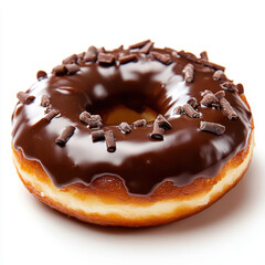 Delicious chocolate glazed doughnut topped with chocolate sprinkles, perfect for sweet treat. Enjoy this delightful dessert with cup of coffee or tea!