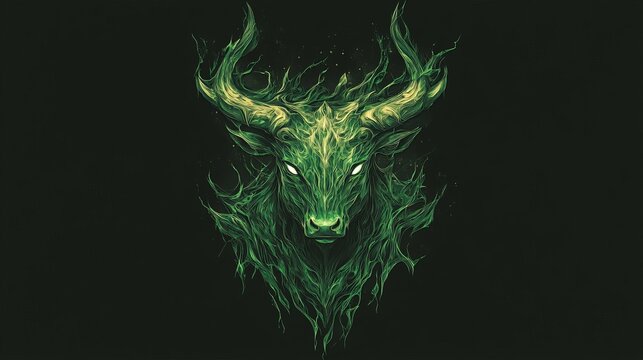 Green Flame Bull Taurus Illustration On Dark Background, Symbolizing Strength And Determination