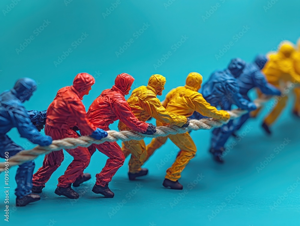 Poster teamwork in action diverse group collaborates in vibrant setting humorous visuals for team dynamics