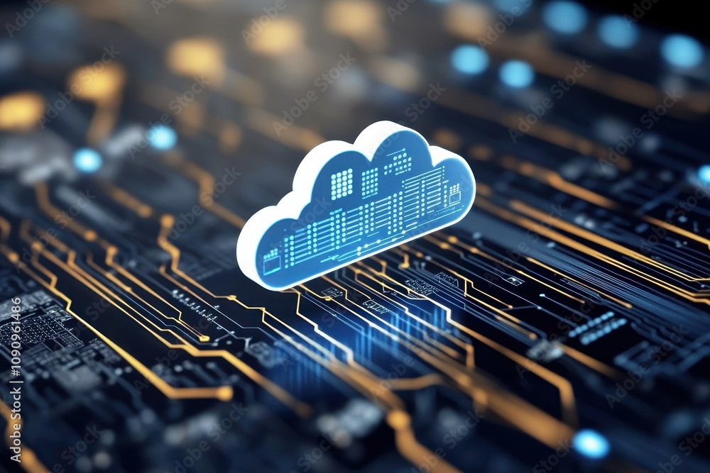 Poster cloud computing concept with digital circuit board background showing data transfer