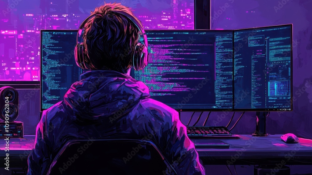 Poster hacker analyzing code digital workspace minimalist image urban environment close-up perspective focu