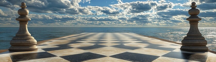 Obraz premium A surreal landscape featuring a giant chessboard extending towards the horizon, with chess pieces standing beside a scenic sky.