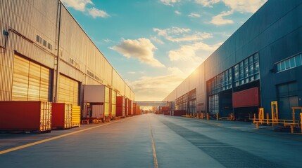 Fototapeta premium A serene industrial scene with storage containers and buildings under a sunset sky.