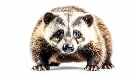 Fototapeta premium A cute, furry raccoon dog poses against a bright white background, showcasing its distinctive black and brown markings and curious expression.