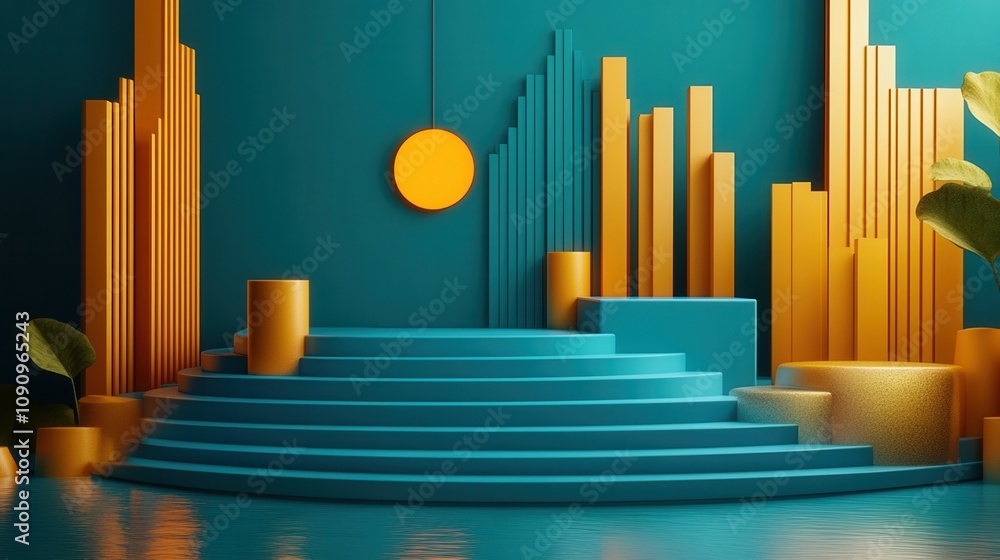 Poster a vibrant abstract scene with geometric shapes in teal and orange, creating a modern and artistic at