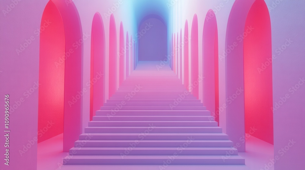 Poster a vibrant architectural space featuring stylized arches and colorful lighting, creating a sense of d