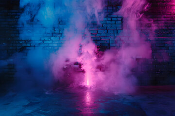 Naklejka premium Abstract background with a brick wall and neon lights, with a smoke effect. Dark room with a concrete floor and a glowing spotlight. 