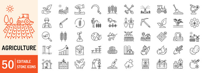 Agriculture collections editable stroke outline web icons set. Agriculture, plant, farm, tractor, fertilizer, field, grain, water, seed and more... Vector illustration