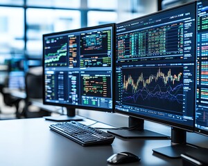 Financial data digital trends interface concept . Modern trading setup with multiple monitors.