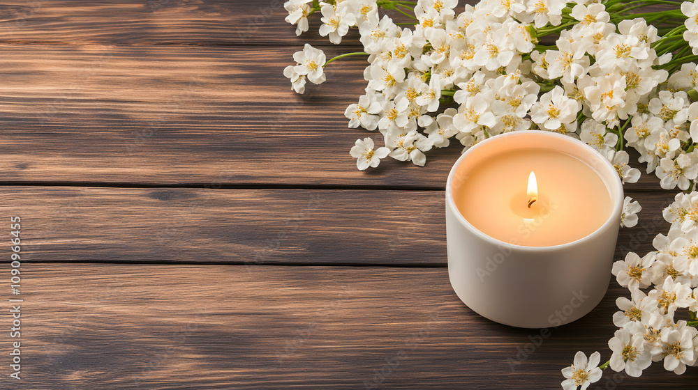 Poster a serene candle with a soft glow sits beside delicate white flowers on a wooden table, creating a pe