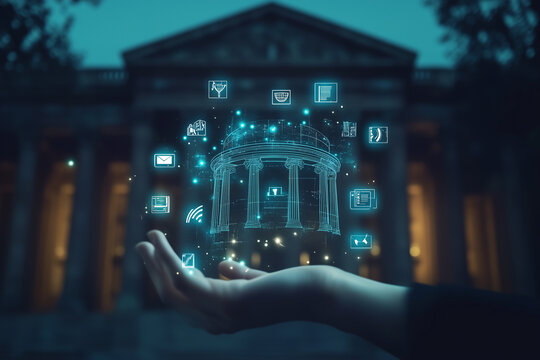 Municipal services provide community infrastructure. Person holding public sector icons on dark background