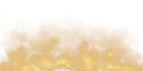 Fantastic golden smoke background. Magic golden smoke with glitter and small particles of twinkling stars. Fog with luminous particles. Yellow vapor with stardust. Morning fog over land or water surfa