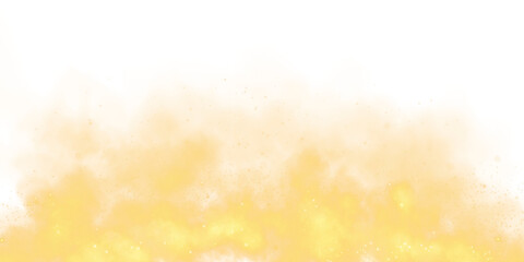 Fantastic yellow smoke background. Magic yellow smoke with glitter and small particles of twinkling stars. Fog with luminous particles. Yellow vapor with stardust. Morning fog over land or water