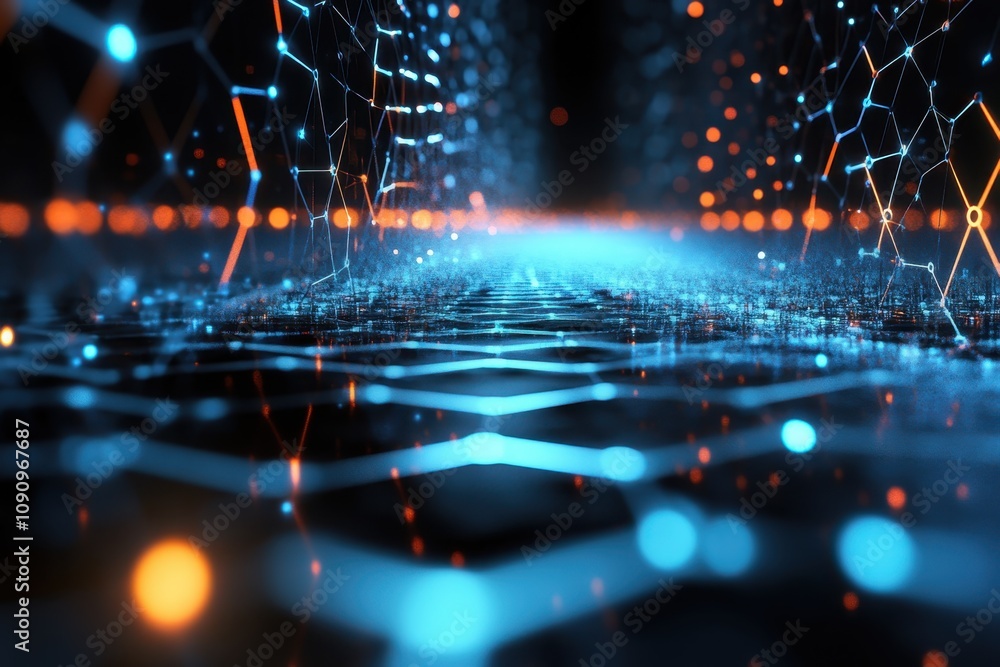 Poster intricate network of glowing nodes and connections forms a digital landscape