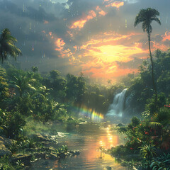 Fototapeta premium Lush tropical paradise landscape with waterfall, vibrant greenery, and a radiant sunset.