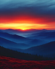 Fototapeta premium Majestic sunrise over a valley of misty mountains.