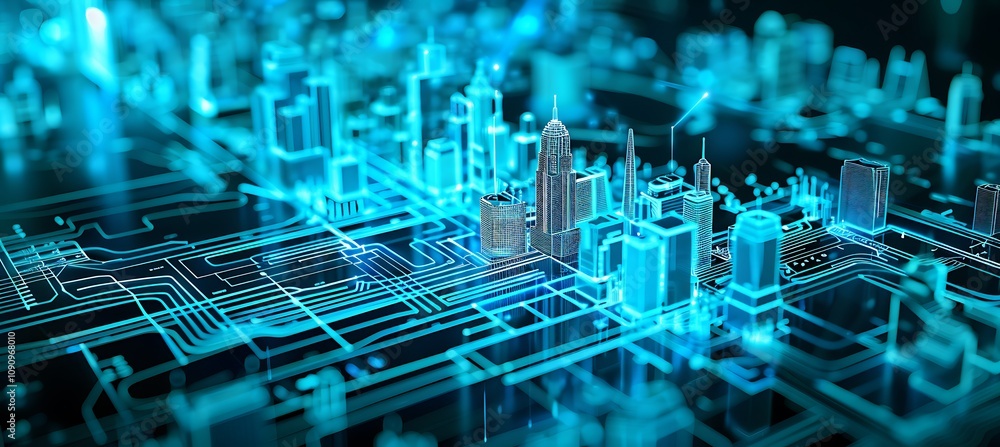 Poster a stunning close-up of a motherboard resembling a futuristic cityscape with intricate details and gl